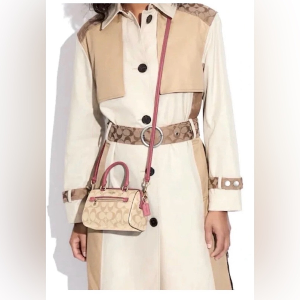 Coach Mini Rowan Signature Tan Canvas Pink Rogue Leather Trim Crossbody Bag - Picture 3 of 17